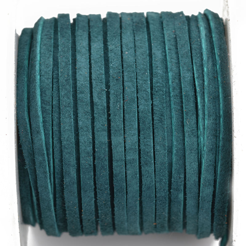 1/8" Suede Leather Lace, PACIFIC GREEN, Peacock Teal Blue, real leather by the yard, Realeather made in USA, 3mm wide, 25 yards, Lth0018