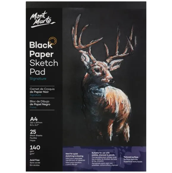 Black Paper Sketch Pad 25 sheet 140gsm A4, Mont Marte Oil Pastel, Colored Pencil, Charcoal Paper PAP0019