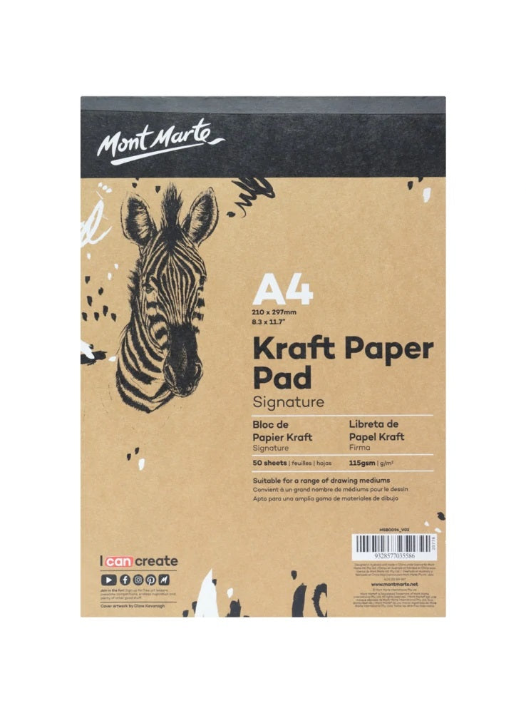 Brown Kraft Paper Pad A4 115gsm 50 Sheets, for Charcoal, Pencils, Pastels, Crayon, Monte Mart Signature, 8.3" x 11.7" PAP0020