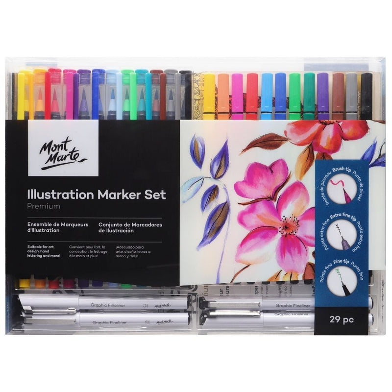 Premium Illustration Marker Full Set, 29 pc Brush Tip, Fine and Extra Fine Tip, Paper Pad included, Mont Marte PEN0022