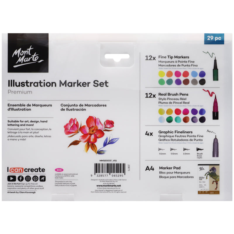 Premium Illustration Marker Full Set, 29 pc Brush Tip, Fine and Extra Fine Tip, Paper Pad included, Mont Marte PEN0022