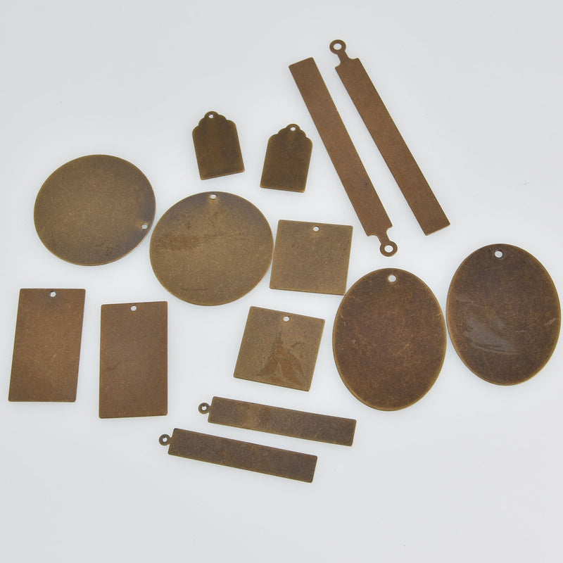 14 Distressed Brass Stamping Blank Charms, Assortment, 24 gauge msb0524