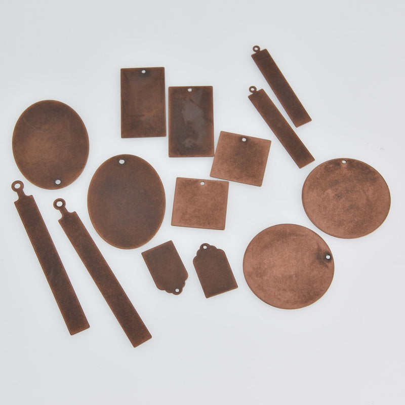 14 Distressed Copper Stamping Blank Charms, Assortment, 24 gauge msb0526