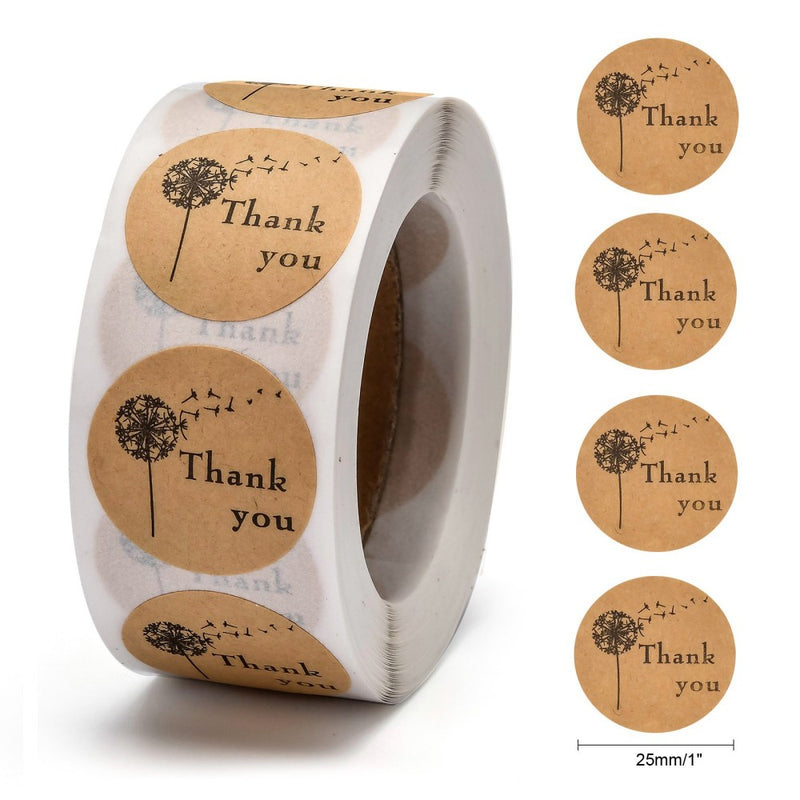 500 Package Stickers, "Thank You" with Dandelion, 1" round, pap0160