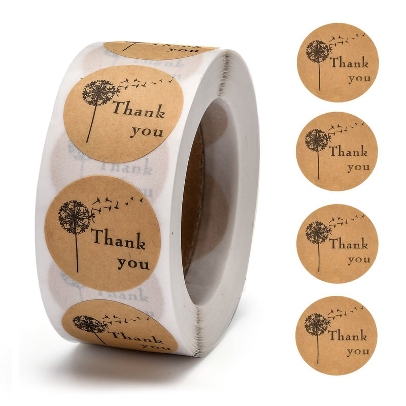 500 Package Stickers, "Thank You" with Dandelion, 1" round, pap0160
