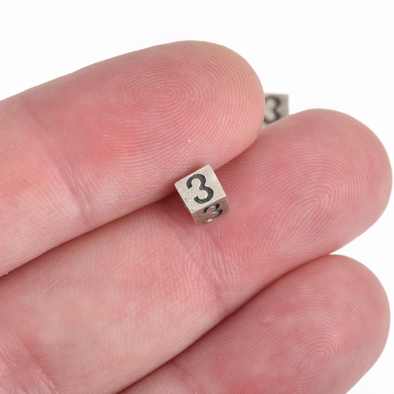 NUMBER 3 Sterling Silver Block Bead, Square Cube, 4.5mm, pms0332