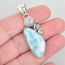 Sterling Silver LARIMAR Pendant with Rainbow Moonstone, Blue Topaz Gemstone 2-1/8" long pms0424
