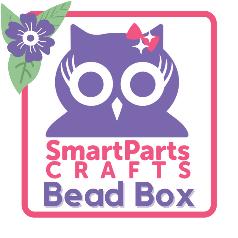 A purple cartoon owl wearing a sparkly bow on a white background, with a pink box and purple flower around it. Colored text reads "SmartParts Crafts Bead Box"