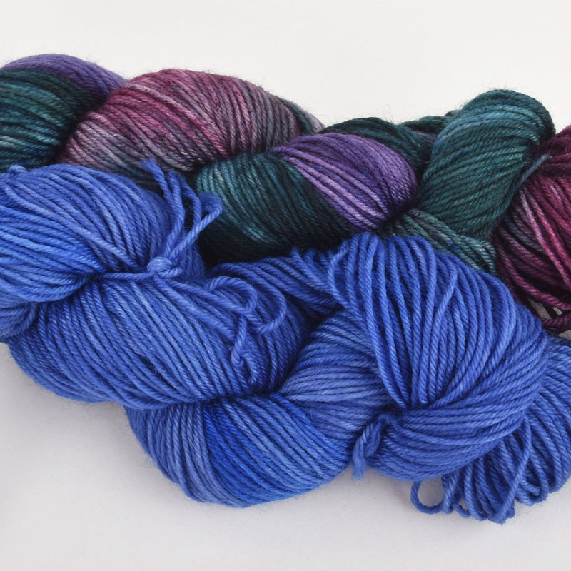 Hand Dyed Wool Yarn Pairing 75-25 Super Wash Merino Nylon, Pesky Pixie and Wink, 100g total, Yrn0014